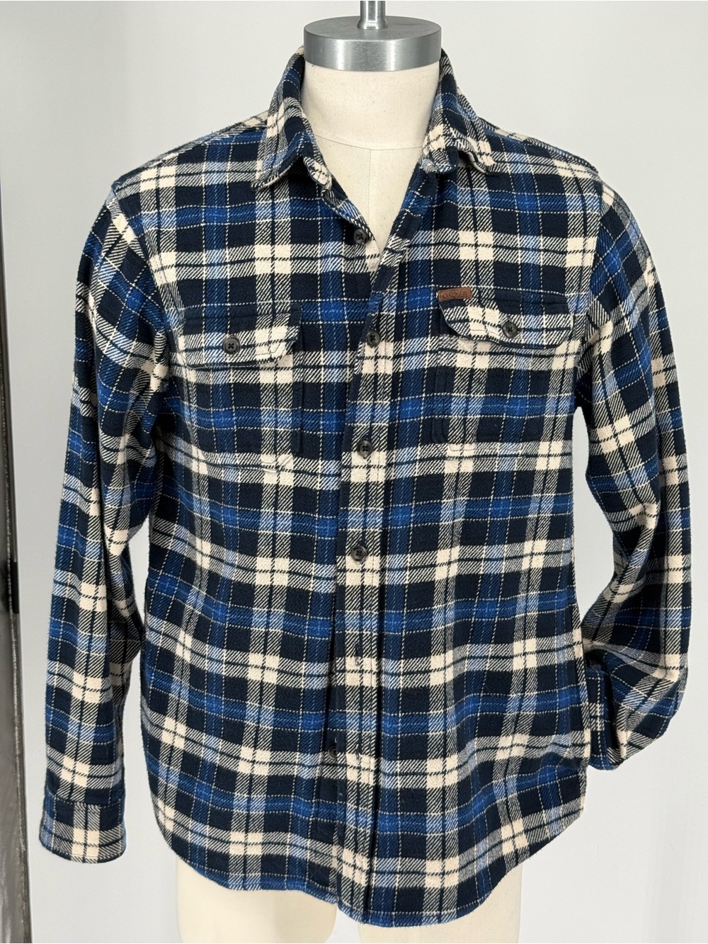 Orvis Blue and Cream Plaid Button-Down Flannel Shirt